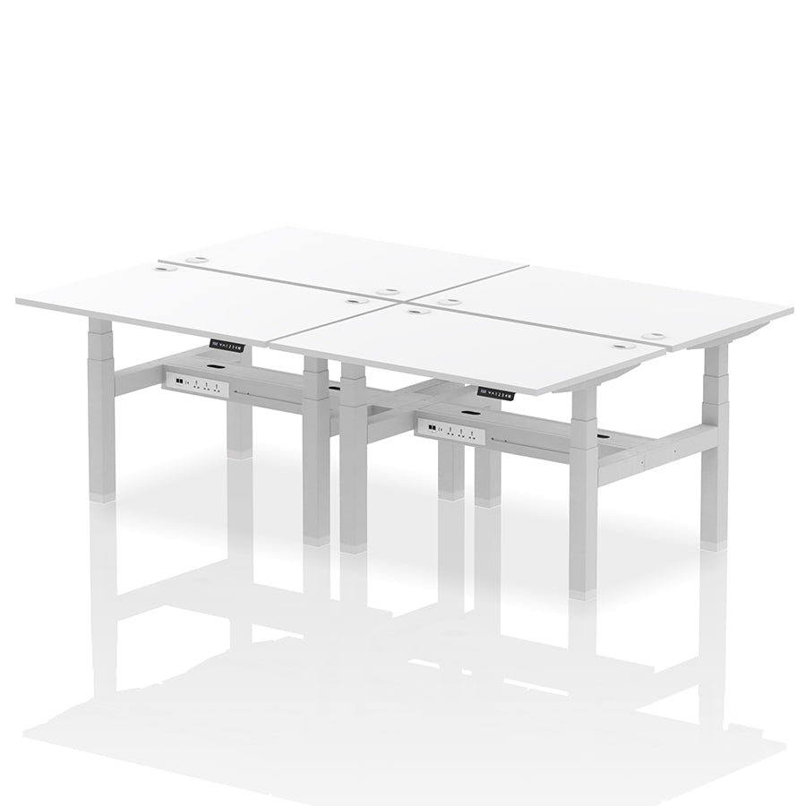 Air Back-to-Back Height Adjustable Bench Desk - 4 Person with cable ports W1200mm white top with silver frame