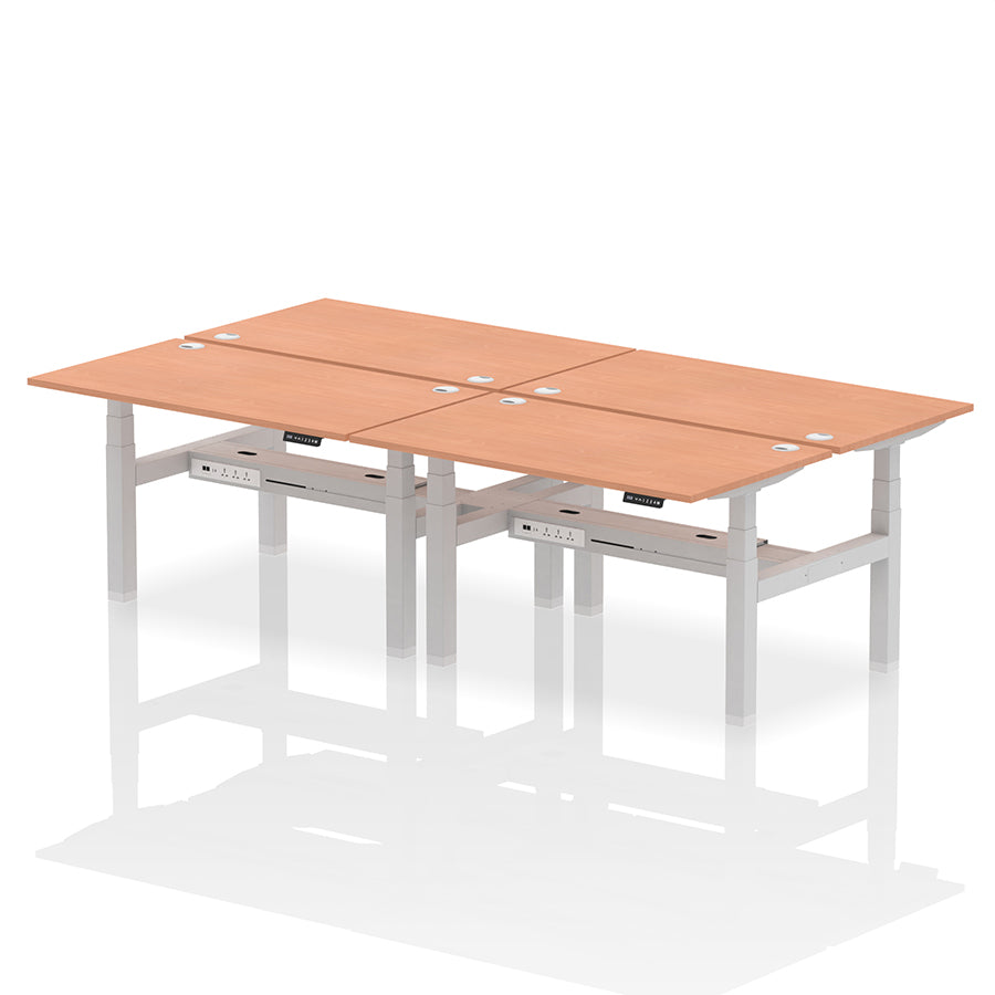 Air Back-to-Back Height Adjustable Bench Desk - 4 Person with cable ports W1400mm beech top with silver frame