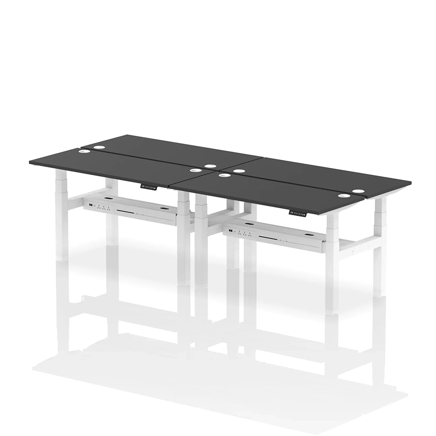 Air Back-to-Back Slimline Height Adjustable Bench Desk - 4 Person with cable ports W1400mm black top with white frame