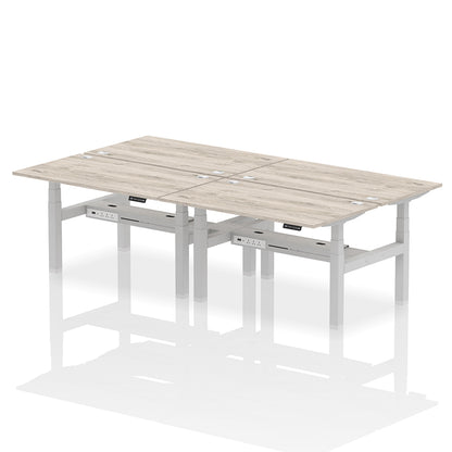 Air Back-to-Back Height Adjustable Bench Desk - 4 Person with cable ports W1400mm grey oak top with silver frame