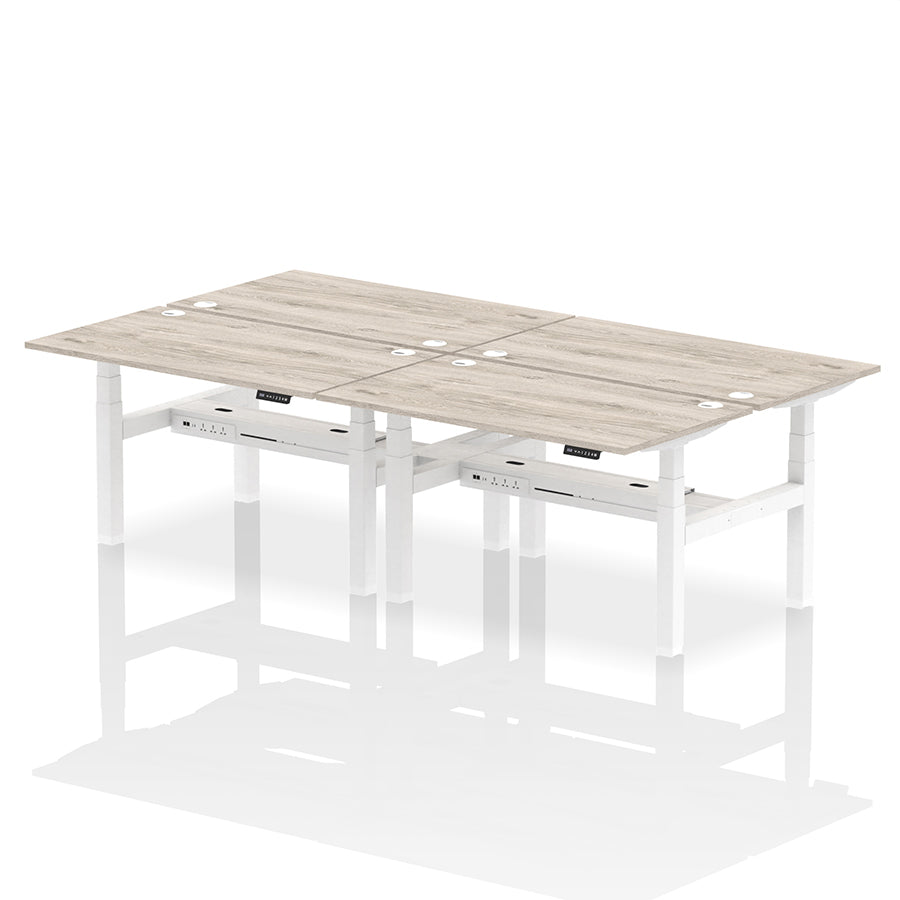 Air Back-to-Back Height Adjustable Bench Desk - 4 Person with cable ports W1400mm grey oak top with white frame
