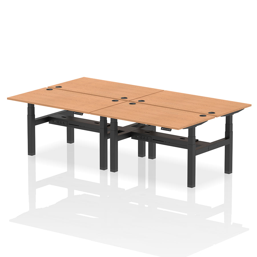 Air Back-to-Back Height Adjustable Bench Desk - 4 Person with cable ports W1400mm oak top with black frame