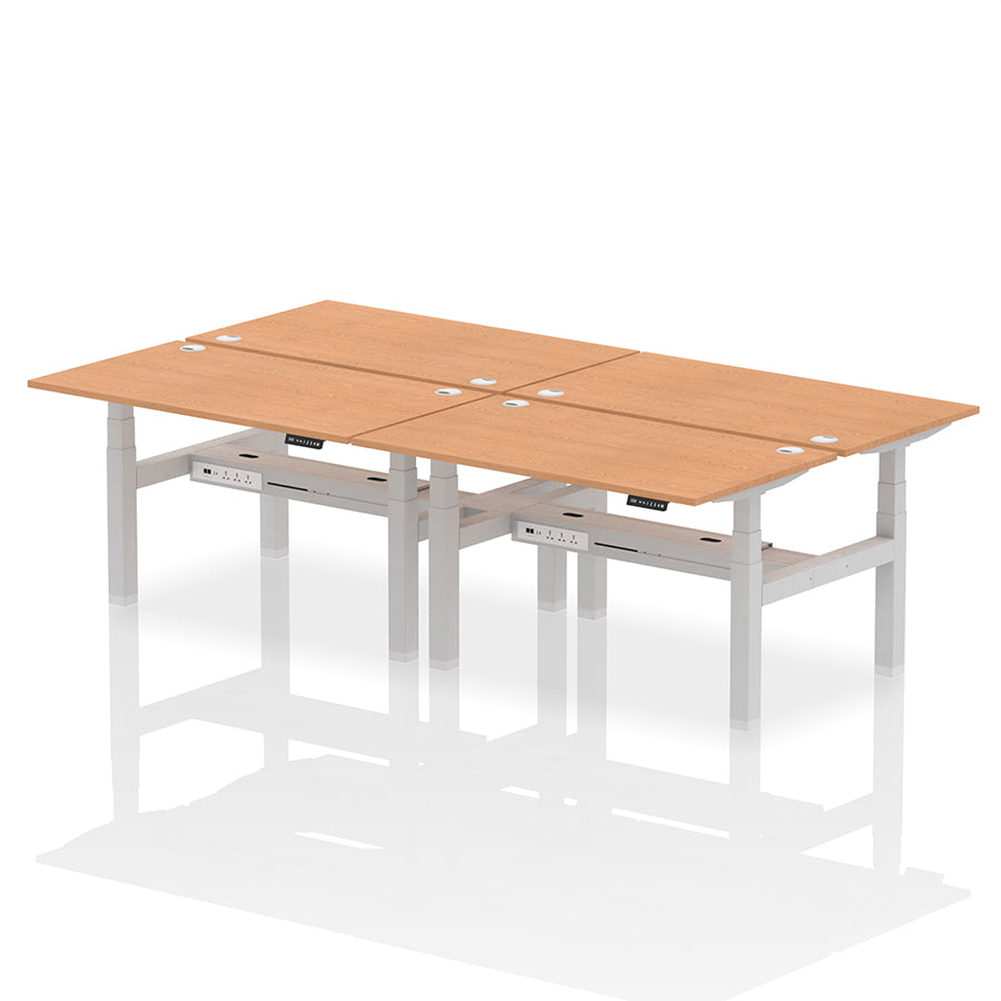 Air Back-to-Back Height Adjustable Bench Desk - 4 Person with cable ports W1400mm oak top with silver frame
