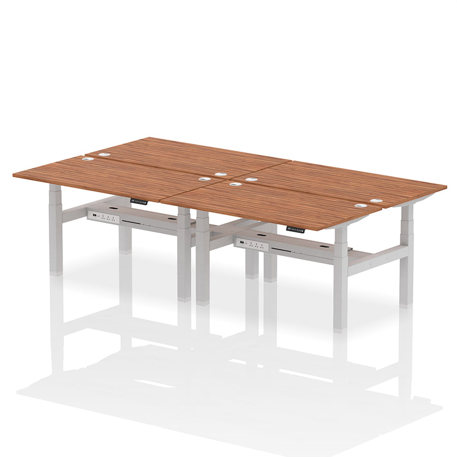 Air Back-to-Back Height Adjustable Bench Desk - 4 Person with cable ports W1400mm walnut top with silver frame