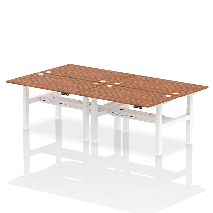Air Back-to-Back Height Adjustable Bench Desk - 4 Person with cable ports W1400mm walnut top with white frame