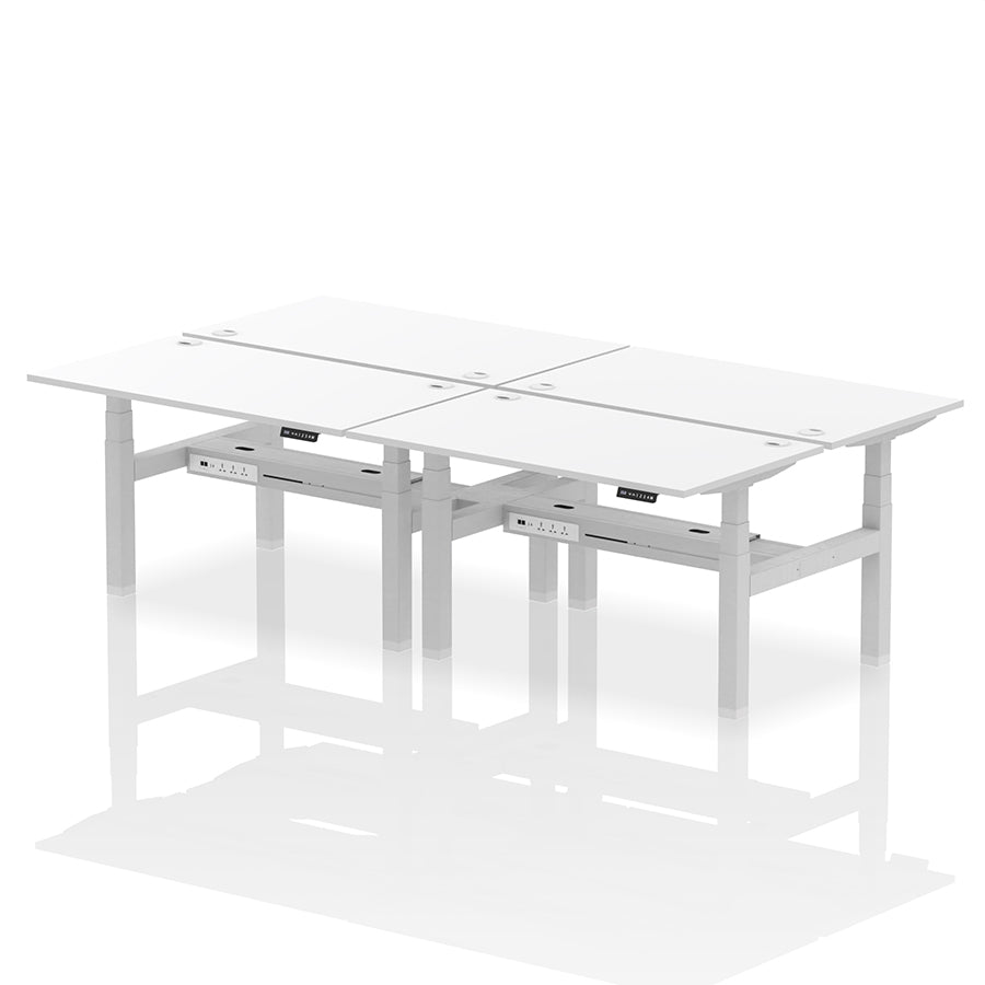 Air Back-to-Back Height Adjustable Bench Desk - 4 Person with cable ports W1400mm white top with silver frame