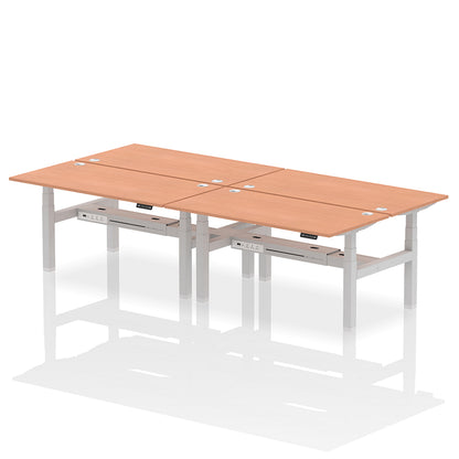 Air Back-to-Back Height Adjustable Bench Desk - 4 Person with cable ports W1600mm beech top with silver frame