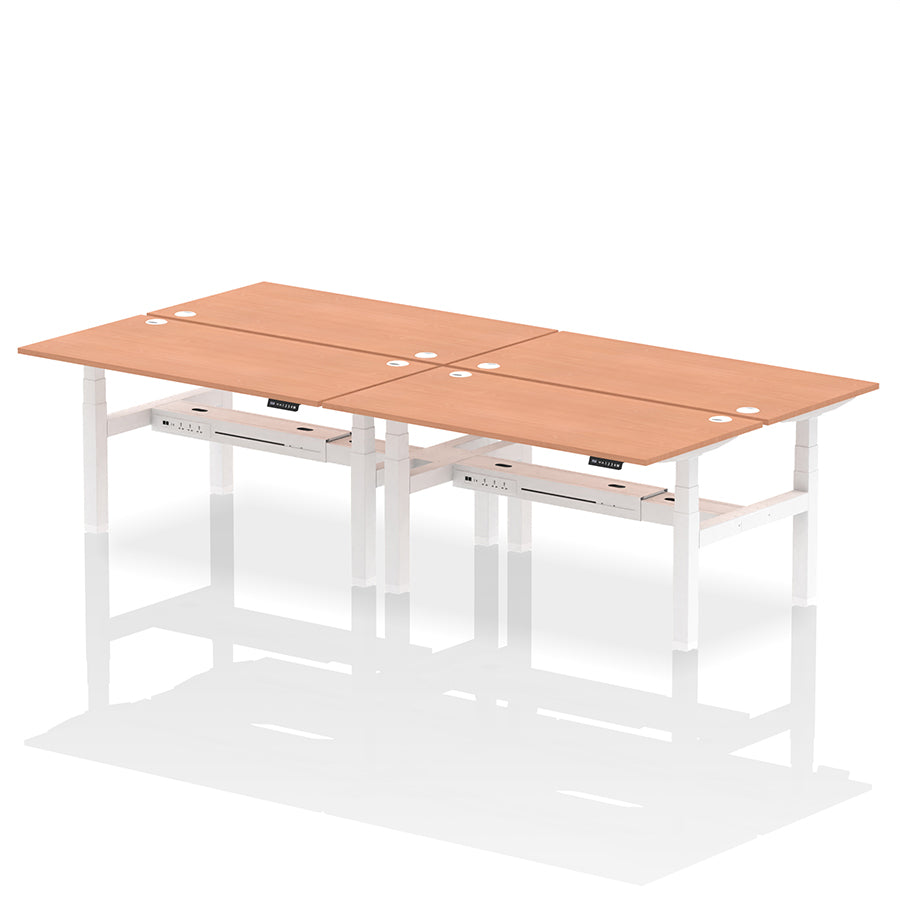 Air Back-to-Back Height Adjustable Bench Desk - 4 Person with cable ports W1600mm beech top with white frame