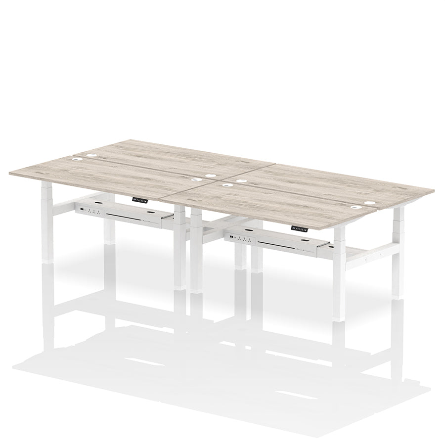 Air Back-to-Back Height Adjustable Bench Desk - 4 Person with cable ports W1600mm grey oak top with white frame