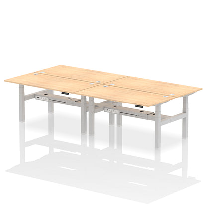 Air Back-to-Back Height Adjustable Bench Desk - 4 Person with cable ports W1600mm maple top with silver frame
