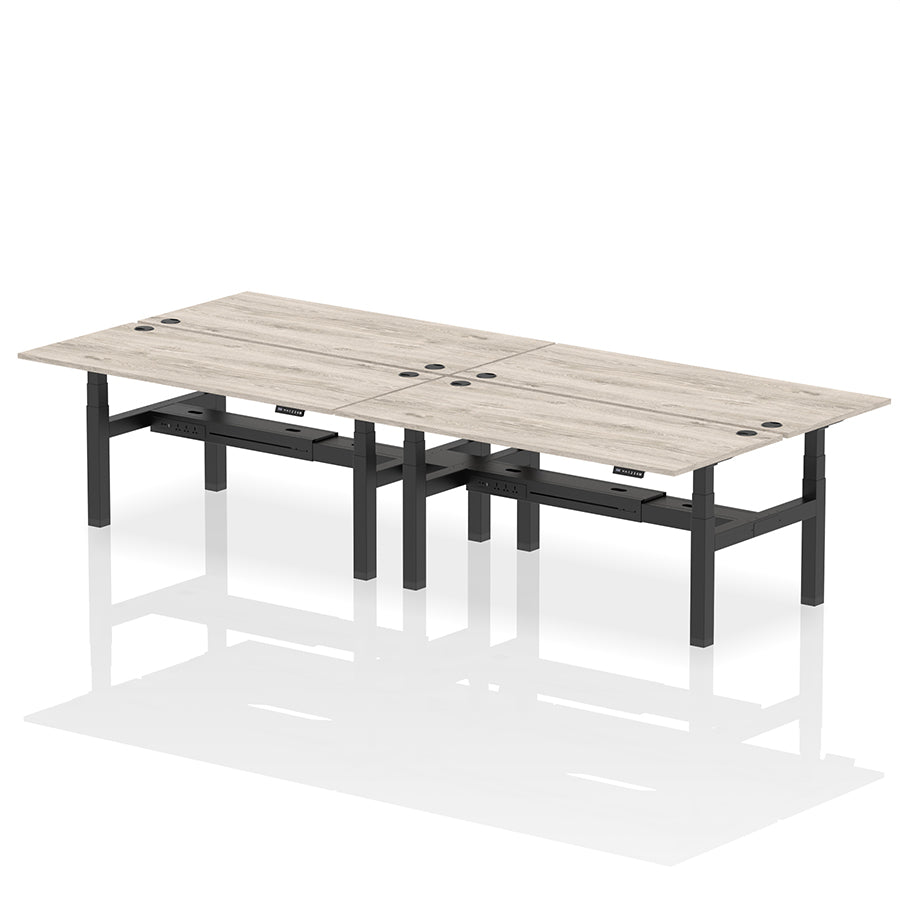 Air Back-to-Back Height Adjustable Bench Desk - 4 Person with cable ports W1800mm grey oak top with black frame