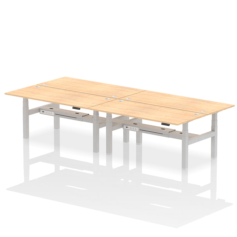 Air Back-to-Back Height Adjustable Bench Desk - 4 Person with cable ports W1800mm maple top with silver frame
