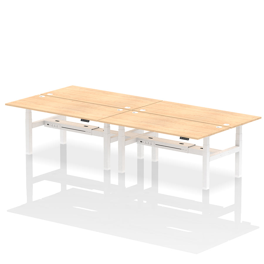 Air Back-to-Back Height Adjustable Bench Desk - 4 Person with cable ports W1800mm maple top with white frame