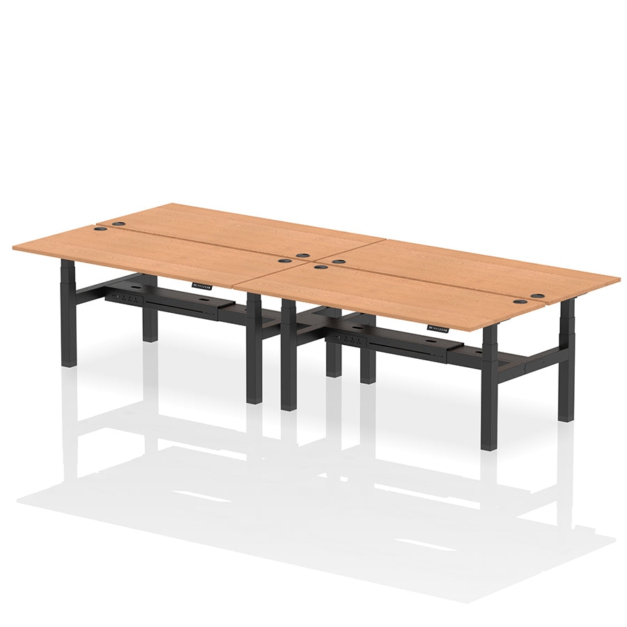 Air Back-to-Back Height Adjustable Bench Desk - 4 Person with cable ports W1800mm oak top with black frame