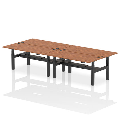 Air Back-to-Back Height Adjustable Bench Desk - 4 Person with cable ports W1800mm walnut top with black frame