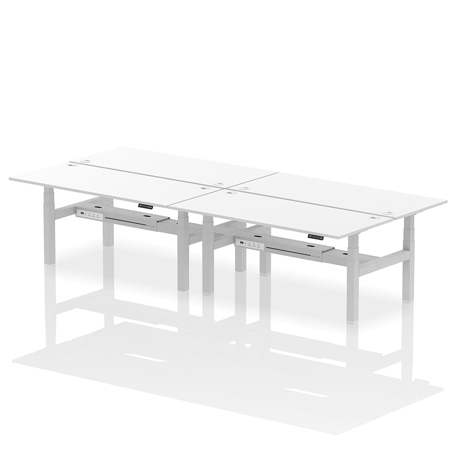 Air Back-to-Back Height Adjustable Bench Desk - 4 Person with cable ports W1800mm white top with silver frame