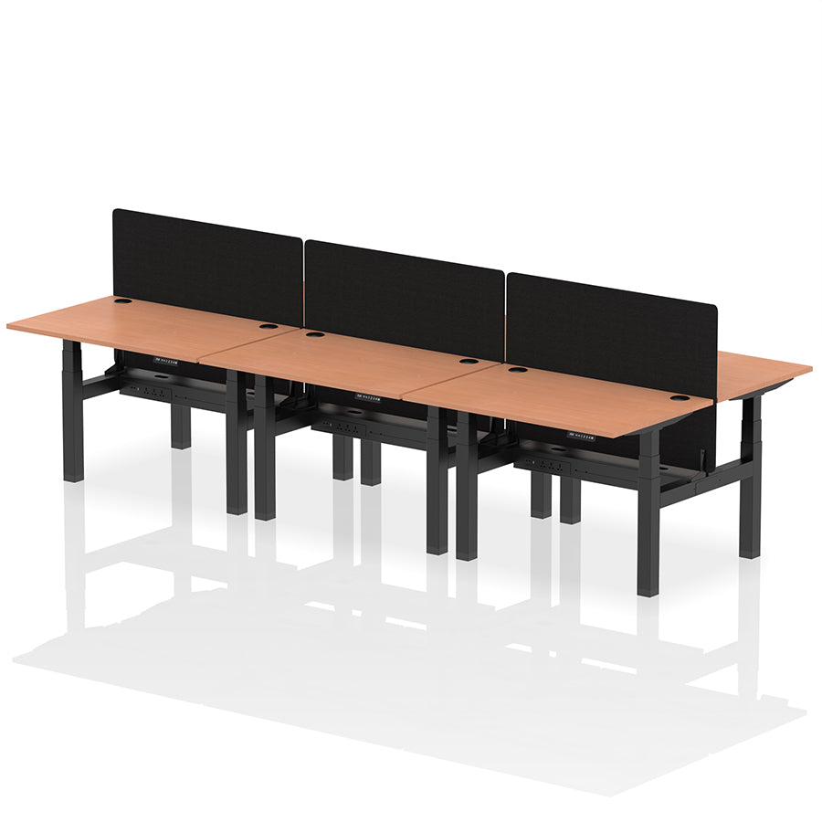 Air Back-to-Back Height Adjustable Bench Desk - 6 Person with Black Straight Screen W1200 beech top with black frame