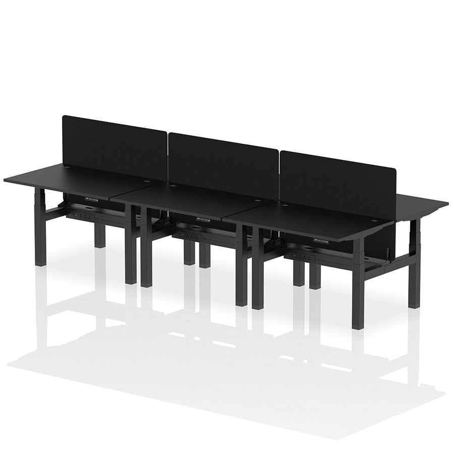 Air Back-to-Back Height Adjustable Bench Desk - 6 Person with Black Straight Screen W1200 black top with black frame