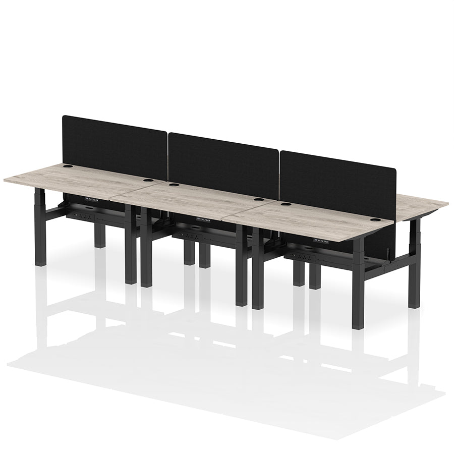 Air Back-to-Back Height Adjustable Bench Desk - 6 Person with Black Straight Screen W1200 grey oak top with black frame