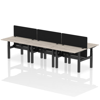 Air Back-to-Back Height Adjustable Bench Desk - 6 Person with Black Straight Screen W1200 grey oak top with black frame
