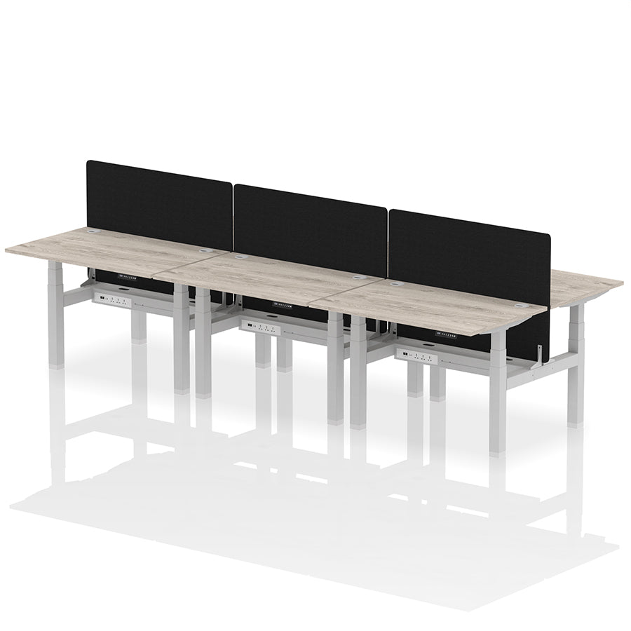 Air Back-to-Back Height Adjustable Bench Desk - 6 Person with Black Straight Screen W1200 grey oak top with silver frame