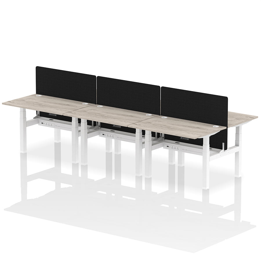 Air Back-to-Back Height Adjustable Bench Desk - 6 Person with Black Straight Screen W1200 grey oak top with white frame