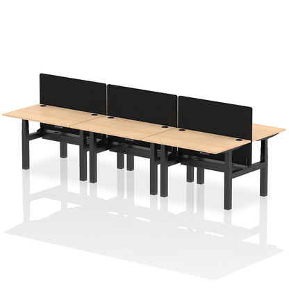 Air Back-to-Back Height Adjustable Bench Desk - 6 Person with Black Straight Screen W1200 maple top with black frame