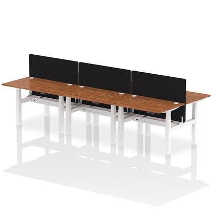 Air Back-to-Back Height Adjustable Bench Desk - 6 Person with Black Straight Screen W1200 walnut top with white frame