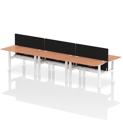 Air Back-to-Back Height Adjustable Bench Desk - 6 Person with Black Straight Screen W1400 beech top with white frame