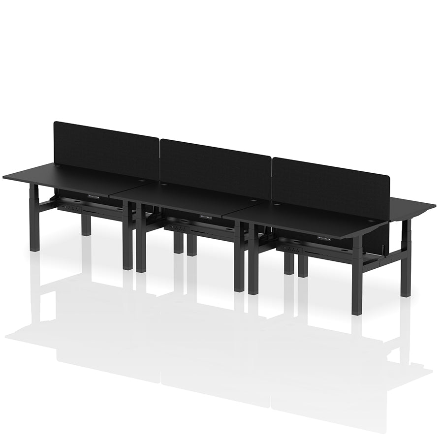 Air Back-to-Back Height Adjustable Bench Desk - 6 Person with Black Straight Screen W1400 black top with black frame