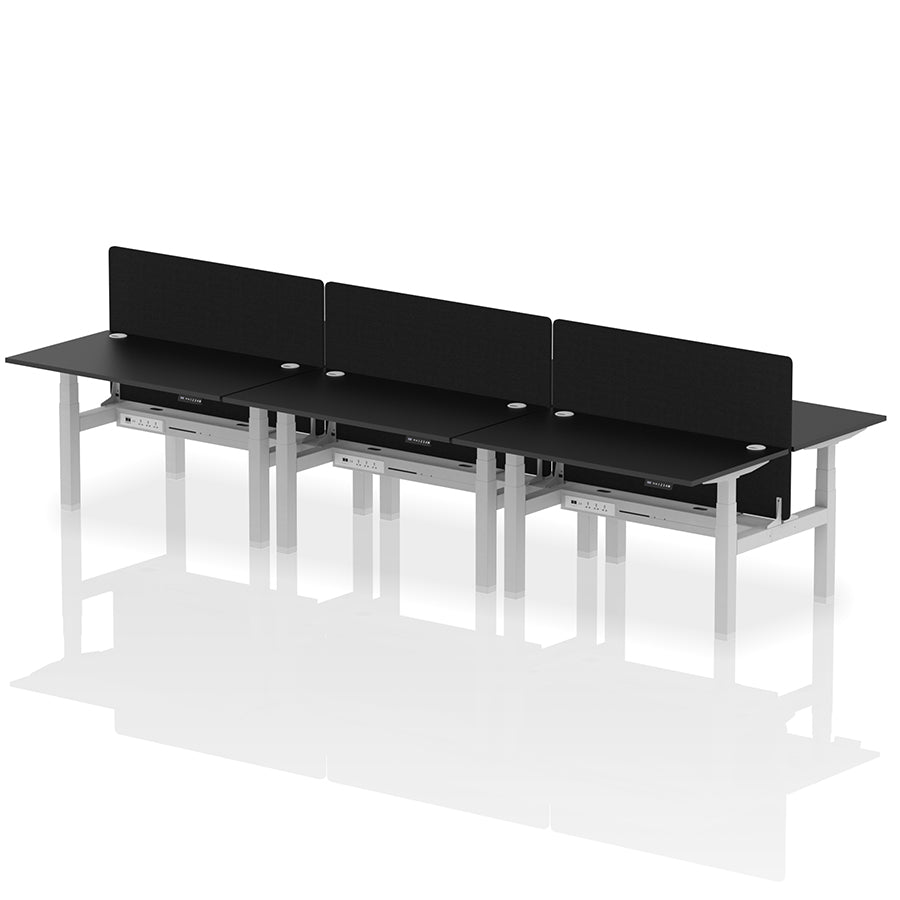 Air Back-to-Back Height Adjustable Bench Desk - 6 Person with Black Straight Screen W1400 black top with silver frame