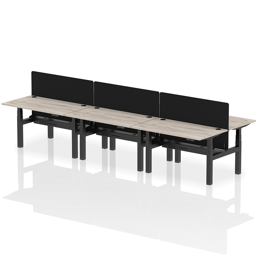 Air Back-to-Back Height Adjustable Bench Desk - 6 Person with Black Straight Screen W1400 grey oak top with black frame