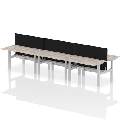 Air Back-to-Back Height Adjustable Bench Desk - 6 Person with Black Straight Screen W1400 grey oak top with silver frame