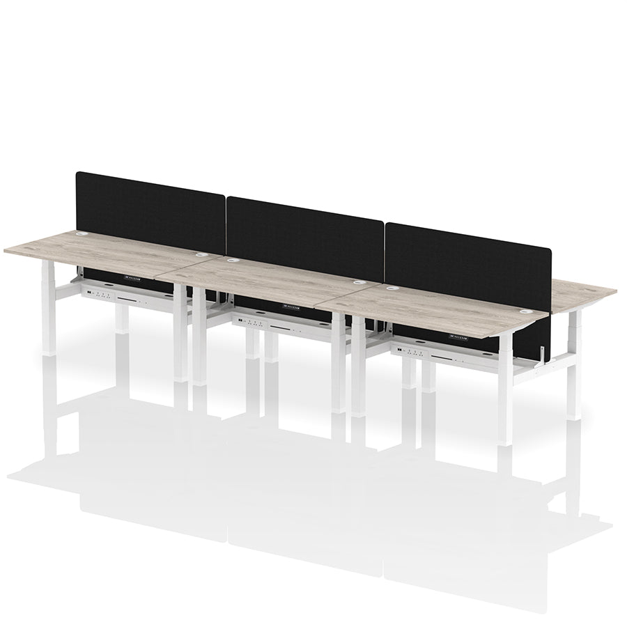 Air Back-to-Back Height Adjustable Bench Desk - 6 Person with Black Straight Screen W1400 grey oak top with white frame