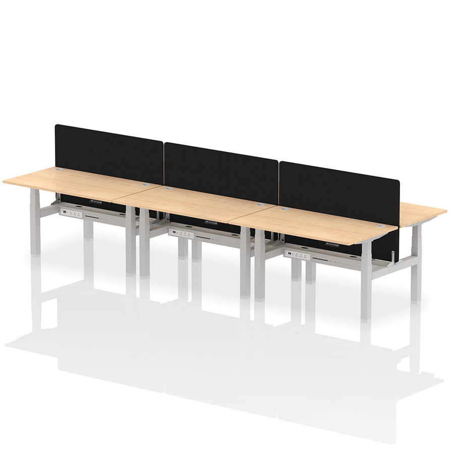 Air Back-to-Back Height Adjustable Bench Desk - 6 Person with Black Straight Screen W1400 maple top with silver frame