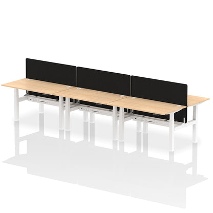 Air Back-to-Back Height Adjustable Bench Desk - 6 Person with Black Straight Screen W1400 maple top with white frame