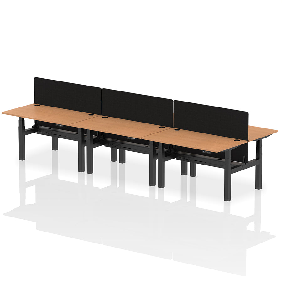 Air Back-to-Back Height Adjustable Bench Desk - 6 Person with Black Straight Screen W1400 oak top with black frame