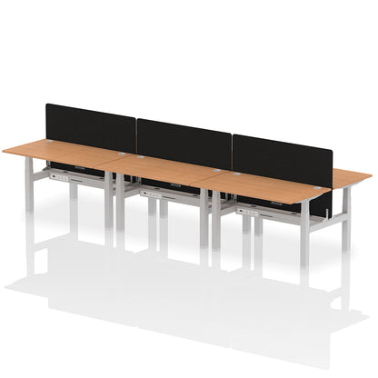 Air Back-to-Back Height Adjustable Bench Desk - 6 Person with Black Straight Screen W1400 oak top with silver frame