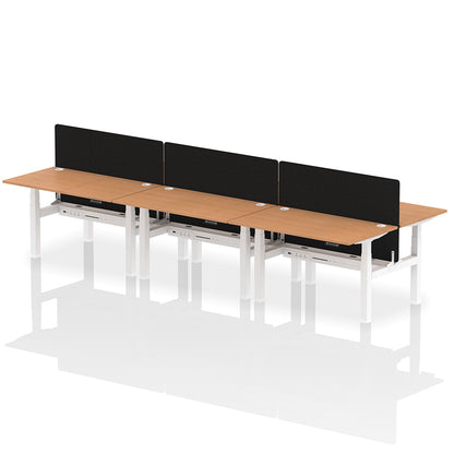Air Back-to-Back Height Adjustable Bench Desk - 6 Person with Black Straight Screen W1400 oak top with white frame