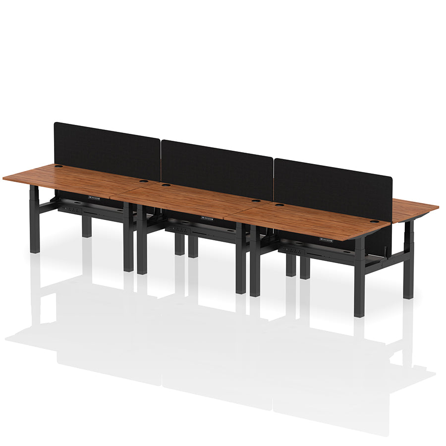 Air Back-to-Back Height Adjustable Bench Desk - 6 Person with Black Straight Screen W1400 walnut top with black frame