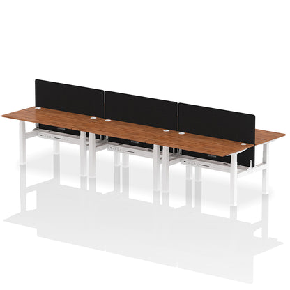 Air Back-to-Back Height Adjustable Bench Desk - 6 Person with Black Straight Screen W1400 walnut top with white frame