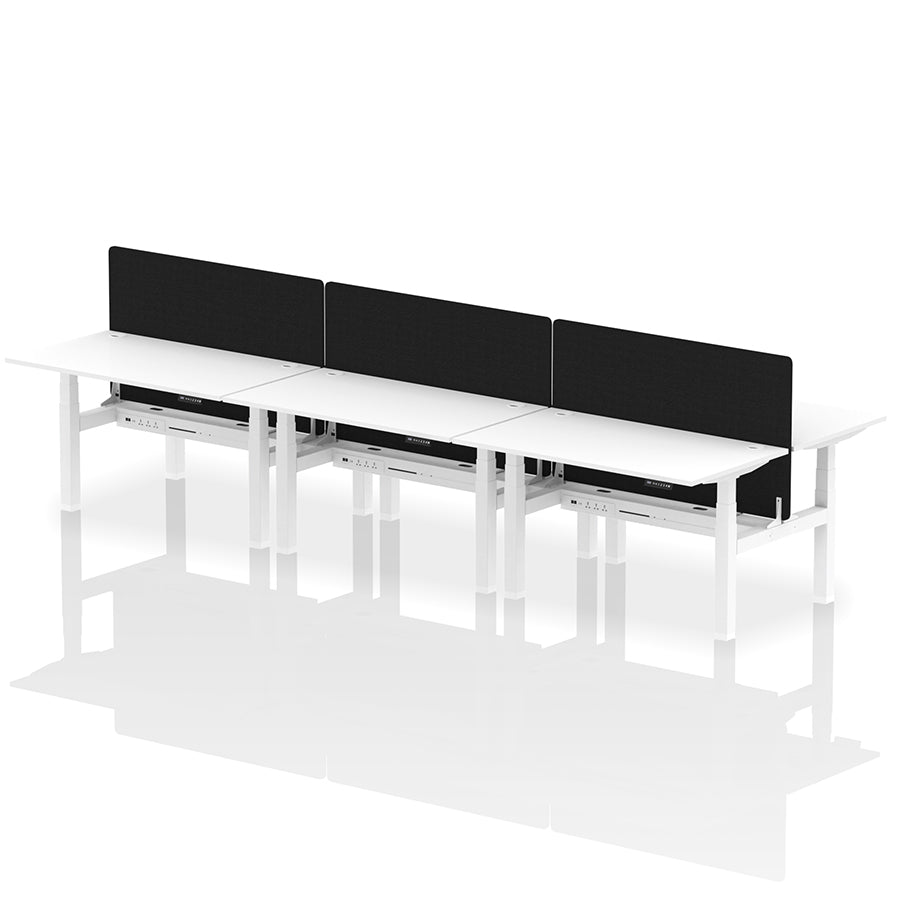 Air Back-to-Back Height Adjustable Bench Desk - 6 Person with Black Straight Screen W1400 white top with white frame