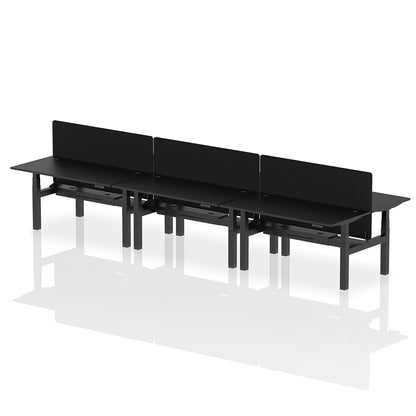 Air Back-to-Back Height Adjustable Bench Desk - 6 Person with Black Straight Screen W1600 black top with black frame