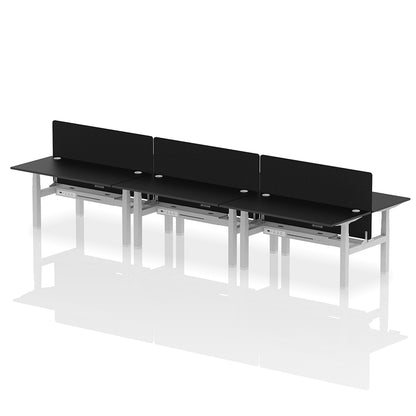 Air Back-to-Back Height Adjustable Bench Desk - 6 Person with Black Straight Screen W1600 black top with silver frame
