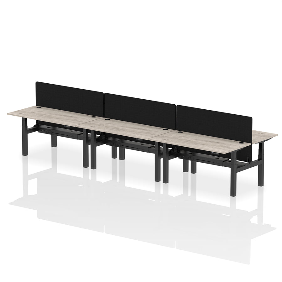 Air Back-to-Back Height Adjustable Bench Desk - 6 Person with Black Straight Screen W1600 grey oak top with black frame