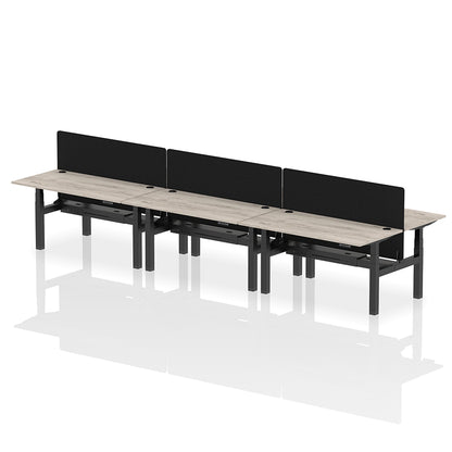 Air Back-to-Back Height Adjustable Bench Desk - 6 Person with Black Straight Screen W1600 grey oak top with black frame