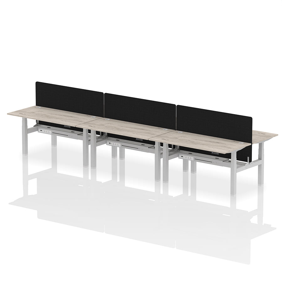 Air Back-to-Back Height Adjustable Bench Desk - 6 Person with Black Straight Screen W1600 grey oak top with silver frame