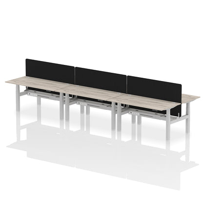 Air Back-to-Back Height Adjustable Bench Desk - 6 Person with Black Straight Screen W1600 grey oak top with silver frame