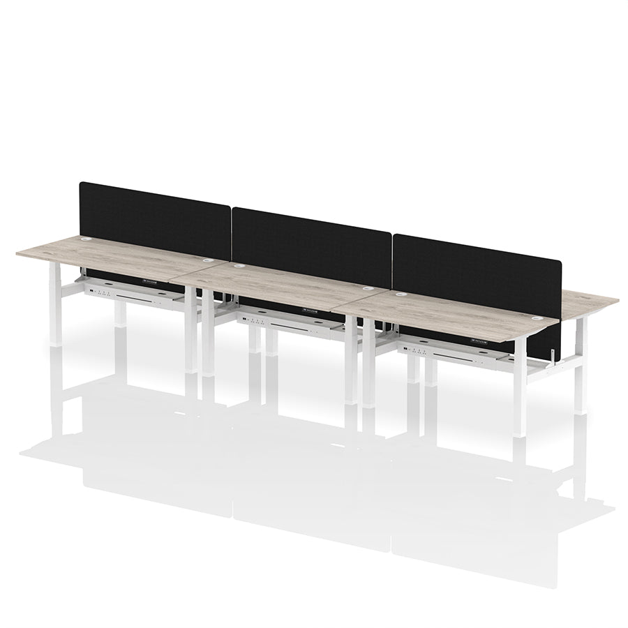 Air Back-to-Back Height Adjustable Bench Desk - 6 Person with Black Straight Screen W1600 grey oak top with white frame