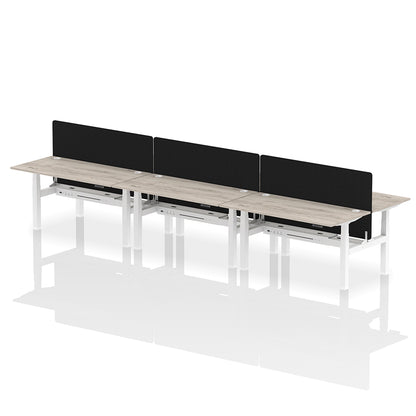 Air Back-to-Back Height Adjustable Bench Desk - 6 Person with Black Straight Screen W1600 grey oak top with white frame